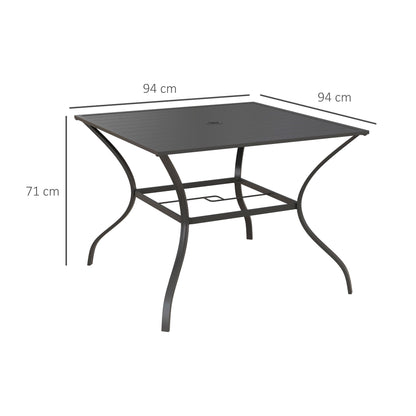 Outsunny 94 x 94 cm Stół ogrodowy z otworem na parasol, Stół ogrodowy do jadalni dla czterech osób z blatem z listew metalowych, Ciemnoszary