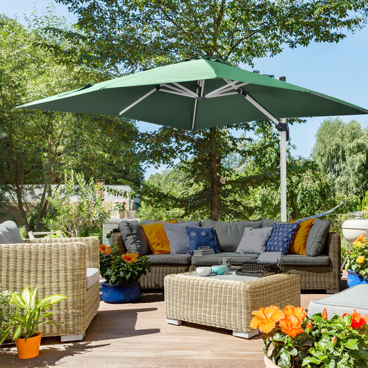 Outsunny 3 x 3(m) Cantilever Roma Parasol, kwadratowy parasol ogrodowy z podstawą krzyżową, korbą, pochyleniem, obrotem 360√Ç¬∞ i aluminiową ramą, zielony
