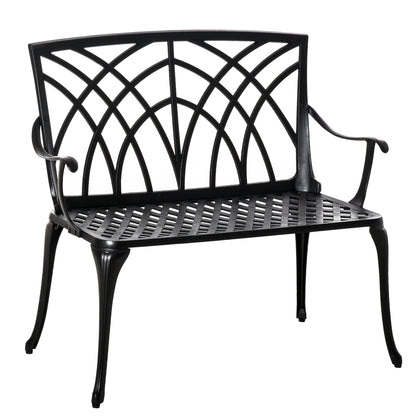 Outsunny 2-osobowa ławka ogrodowa z odlewu aluminiowego Loveseat Outdoor Furniture Chair z dekoracyjnym oparciem i ergonomicznym podłokietnikiem na patio, taras lub werandę