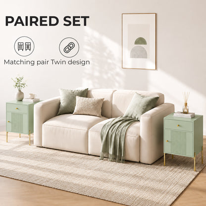 HOMCOM Modern End Table Set of 2, Side Tables with Drawer, Cabinet and Metal Legs for Living Room, Bedroom, Light Green