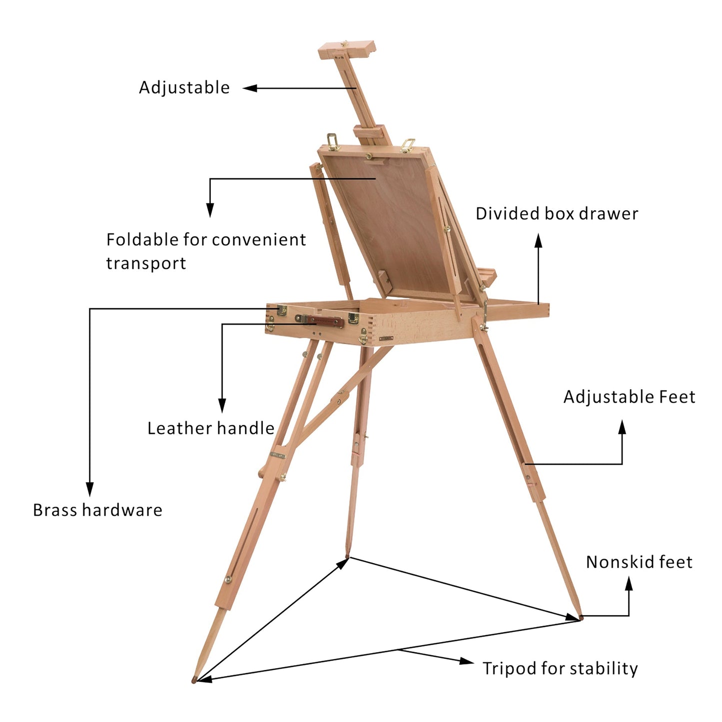 حامل ثلاثي القوائم للرسم الفني الخشبي، لوحة رسم محمولة قابلة للطي، خفيفة الوزن - من الخشب الطبيعي