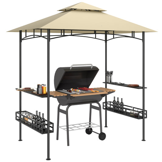 Outsunny 8' x 5' Grill Gazebo Canopy, dwupoziomowa zewnętrzna altana BBQ z 2 bocznymi półkami, kosze do przechowywania, hak do ogrodu, na patio, na grilla, na piknik, beżowy
