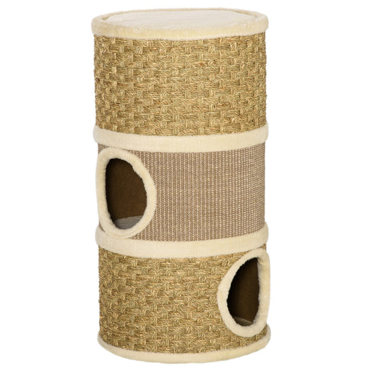 PawHut Cat Scratching Barrel Kitten Tree Tower Pet Furniture Climbing Frame Covered with Sisal and Seaweed Rope Cozy Platform Soft Plush