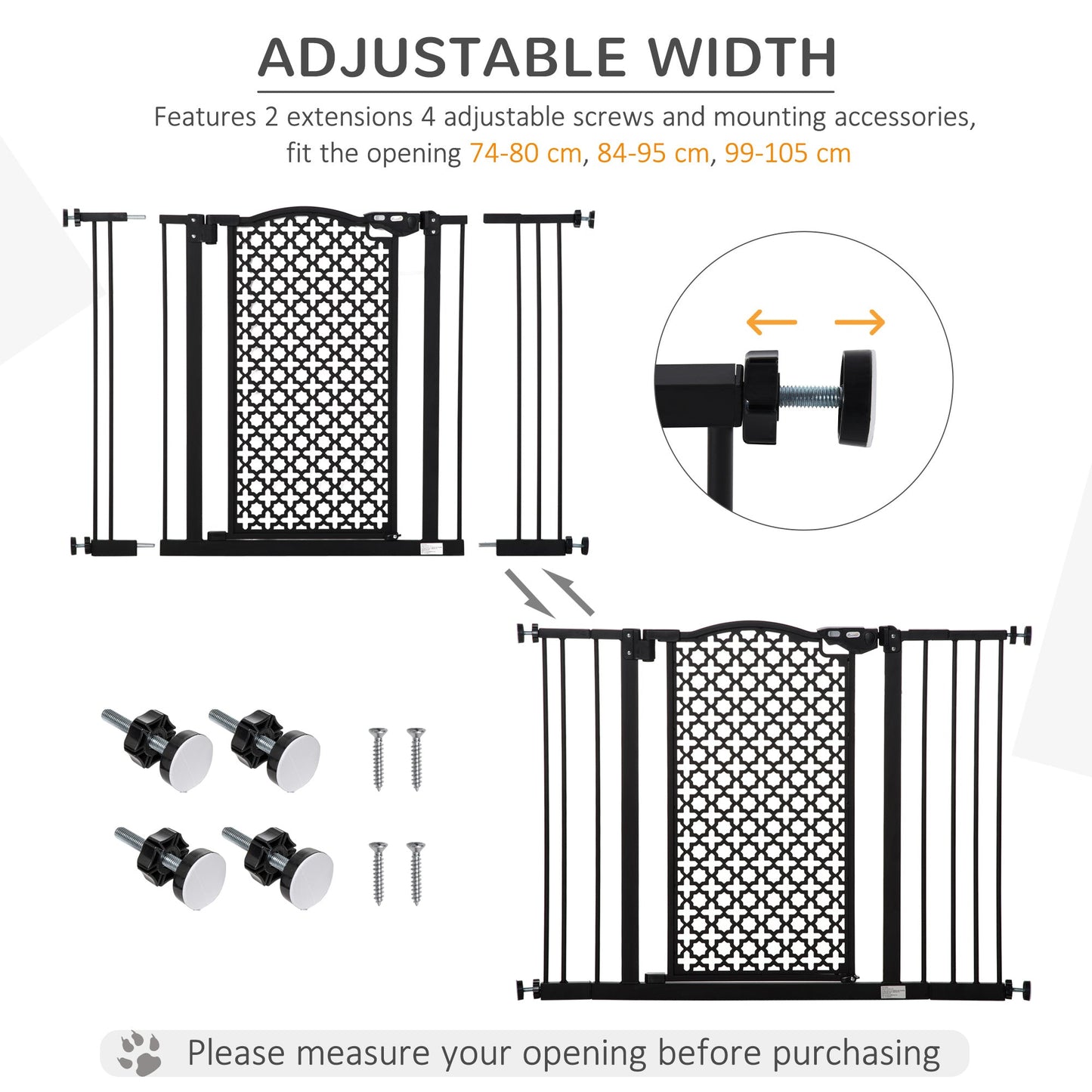 PawHut 74-105 cm Pet Baby Safety Gate Barrier Stair Pressure Fit with Auto Close and Double Locking for Doorways, Hallways, Black