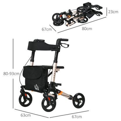 4 Wheel Rollator with Seat and Back, Folding Mobility Walker with Carry Bag, Adjustable Height, Dual Brakes, Cane Holder, Lightweight Aluminium Walking Frame for Seniors and Disabled, Gold Tone