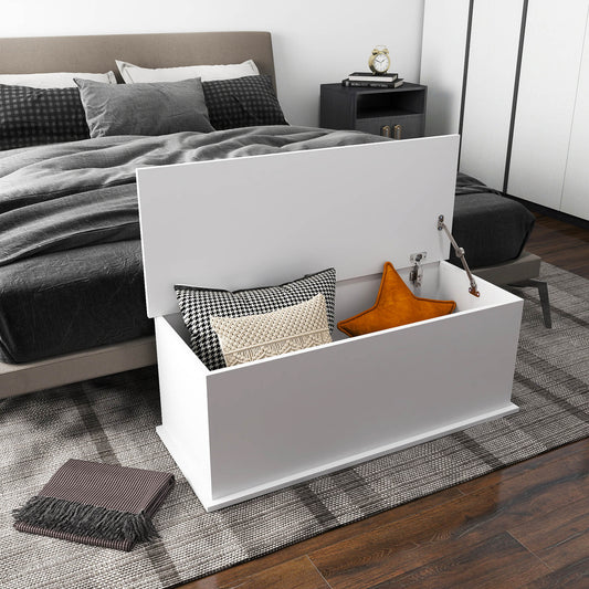 HOMCOM 113L Storage Chest, Storage Box with Flip-Top Lid and 2 Safety Hinges, Storage Trunk for Living Room, Entryway, 100 x 40 x 40 cm, White