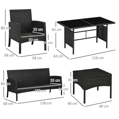 Zestaw mebli ogrodowych Outsunny 5 Seater Rattan, 2 fotele, 3-osobowa sofa wiklinowa, 2 podnóżki i szklany stolik, 6-częściowy zestaw mebli ogrodowych z rattanu z poduszkami do ogrodu zimowego, biały