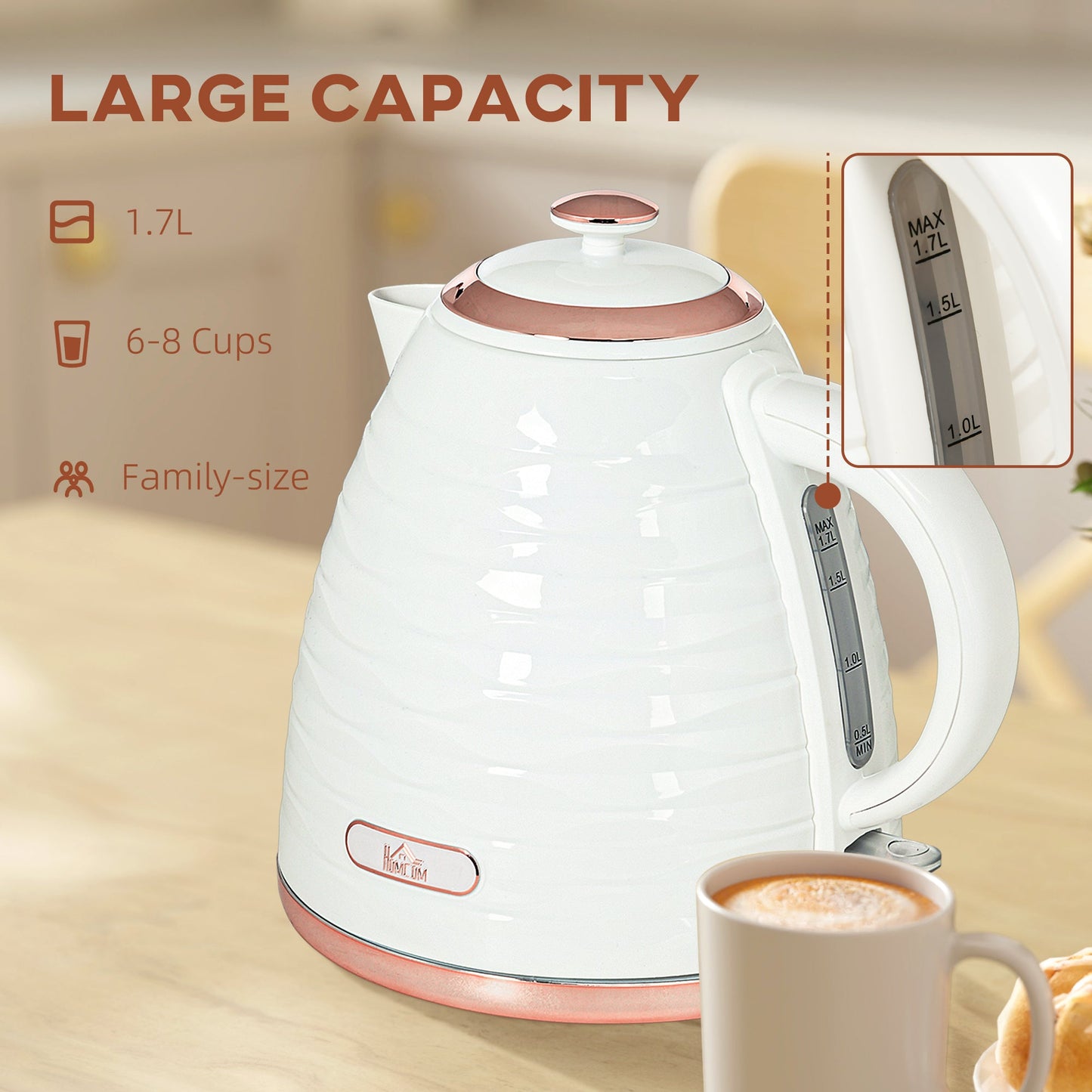 HOMCOM Electric Kettle, 1.7L, Fast Boil, 3kW Water Kettle with Removable Washable Anti-scale Filter, Auto Shut-off, 360¡ Swivel, BPA Free, Cream White Water Ripple Texture
