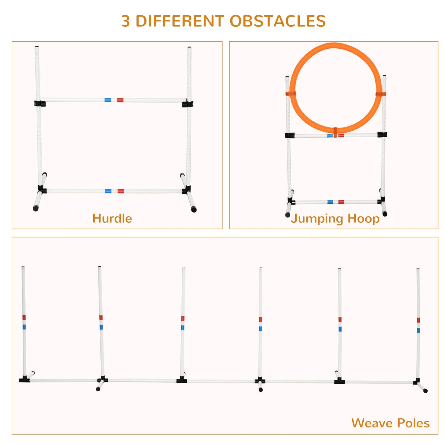 PawHut 3 قطع من معدات تدريب خفة الحركة للحيوانات الأليفة، مجموعة تدريب على الطاعة والجري والقفز قابلة للتعديل (عمود + طوق + حاجز)