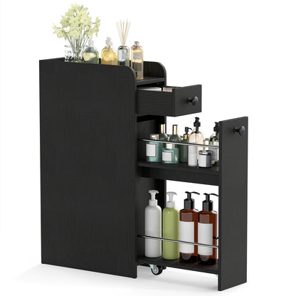 Narrow Bathroom Storage Cabinet with Slide-Out Drawer-Black