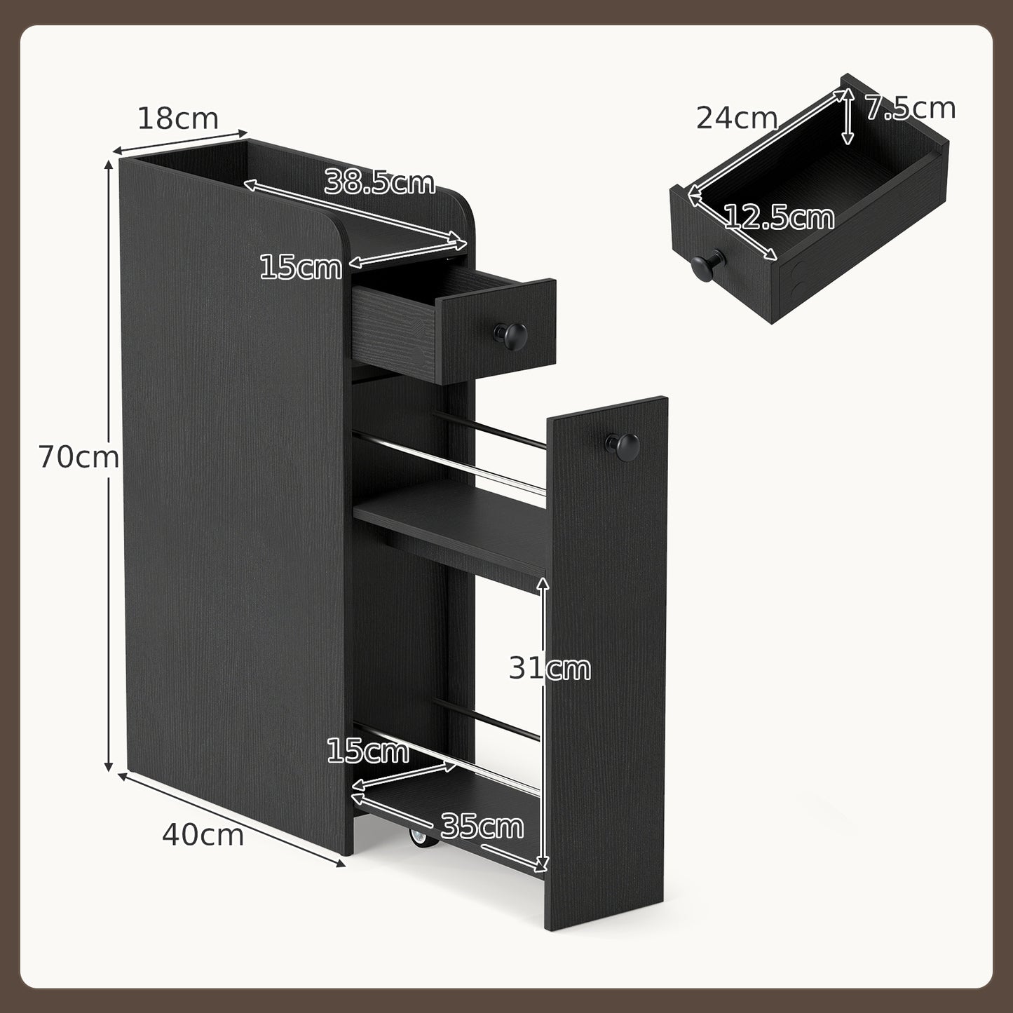 Narrow Bathroom Storage Cabinet with Slide-Out Drawer-Black