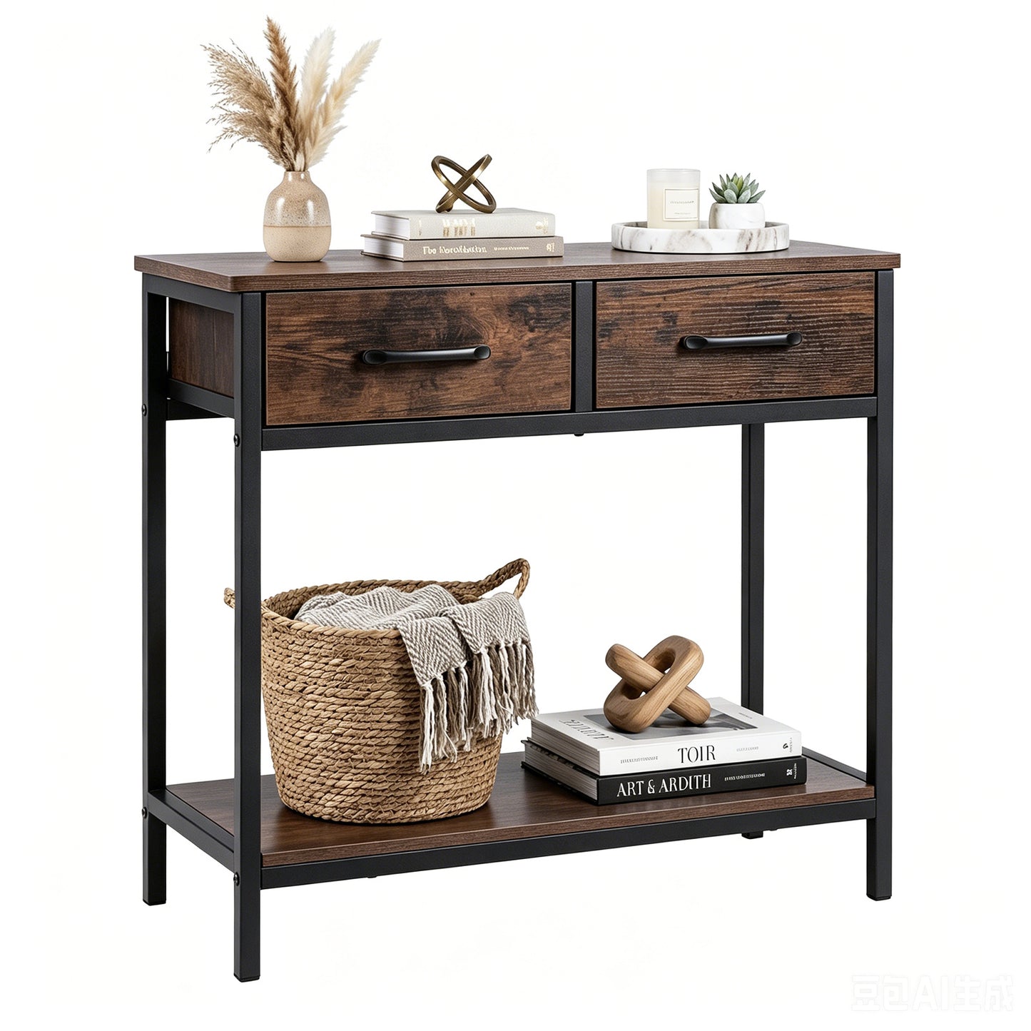 Narrow Console Table w/2 Fabric Drawers Open Compartment and Anti-Tipping Device-Rustic Brown
