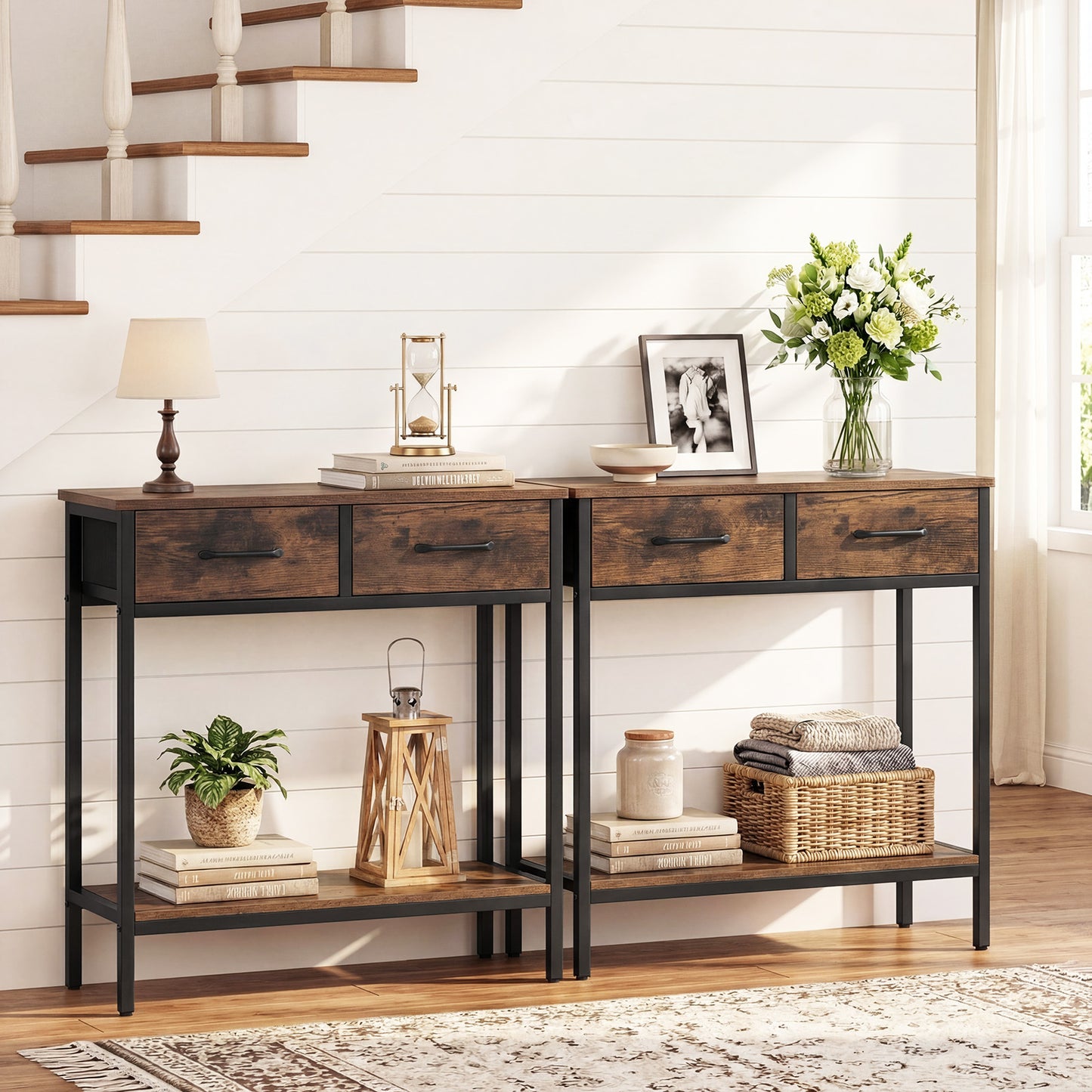 Narrow Console Table w/2 Fabric Drawers Open Compartment and Anti-Tipping Device-Rustic Brown