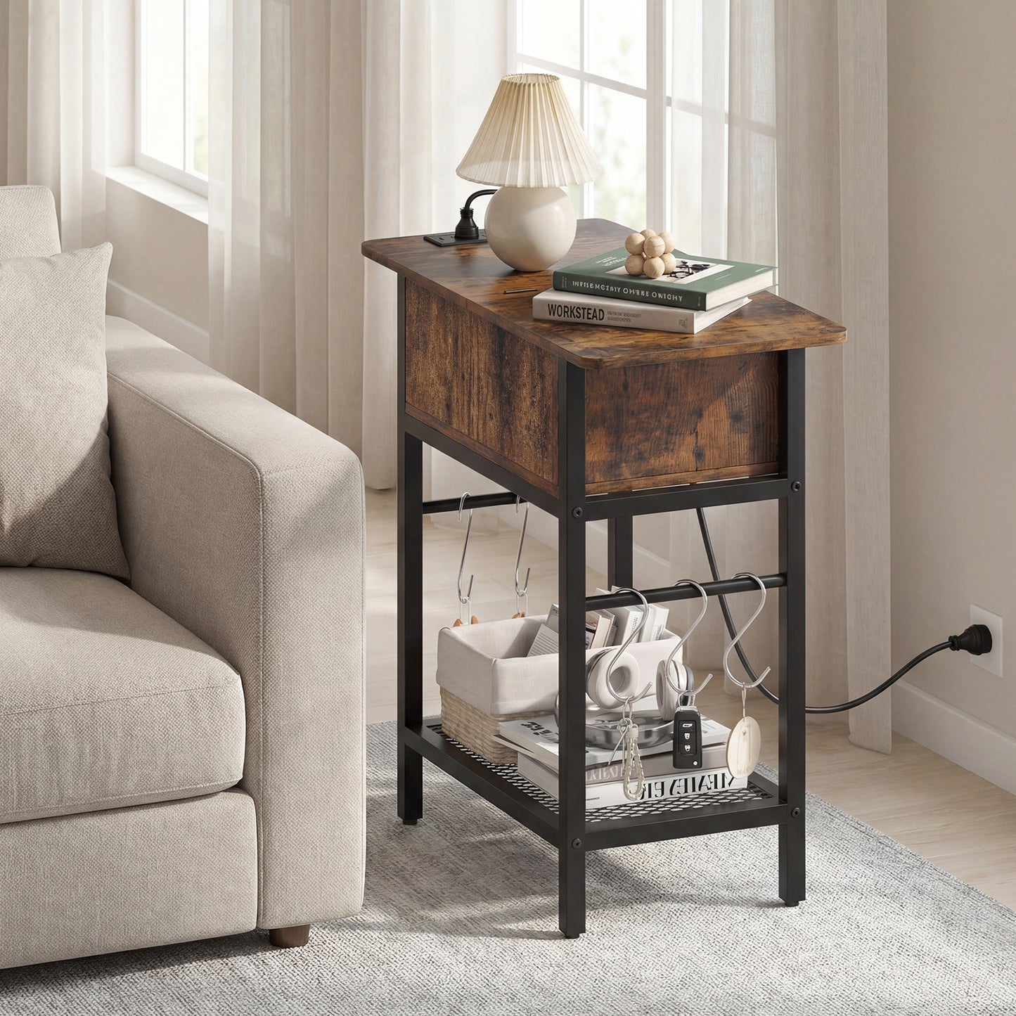 Narrow End Table Skinny Sofa Side Table for Small Space-Rustic Brown