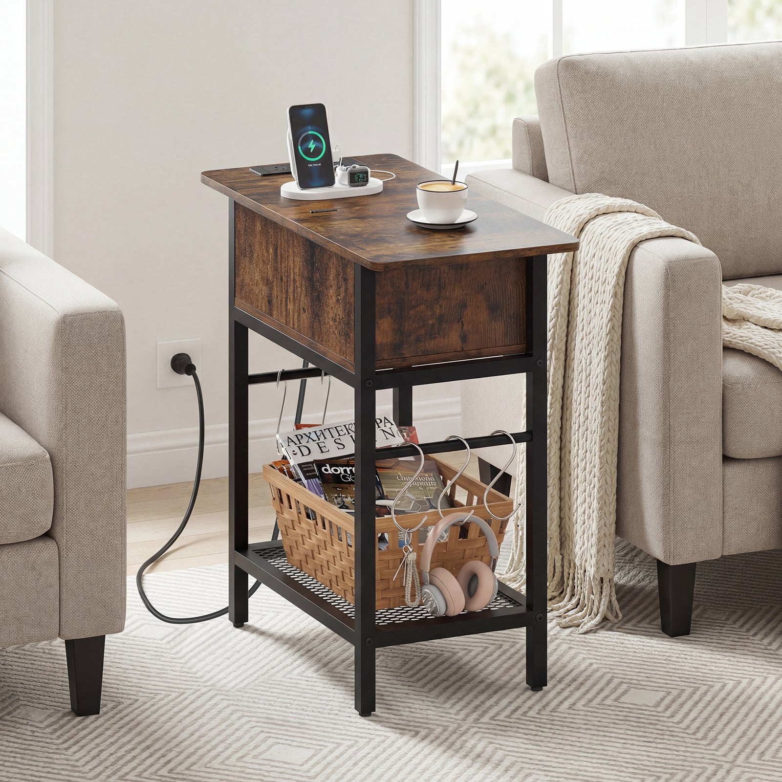Narrow End Table Skinny Sofa Side Table for Small Space-Rustic Brown