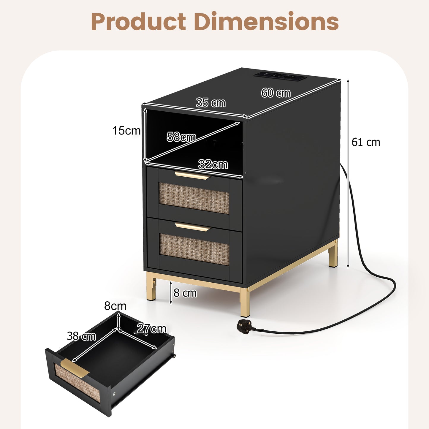 Narrow End Table with Charging Station and 2 Drawers for Bedroom-Black