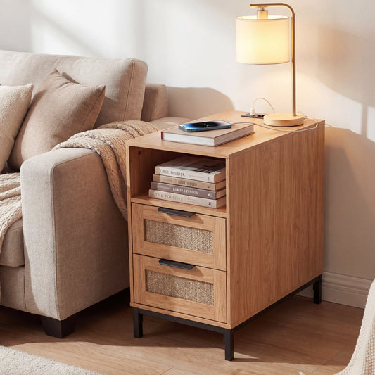 Narrow End Table with Charging Station and 2 Drawers for Bedroom-Natural