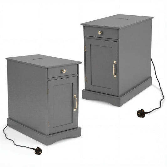 Narrow Nightstand Set of 2 with Charging Station and Drawer for Living Room Bedroom-Grey