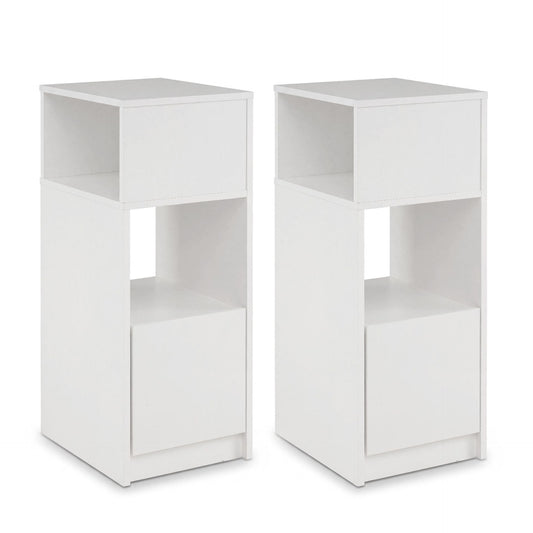 Narrow Nightstand Set of 2 with Drawer and 2 Storage Compartments for Small Spaces Living Room Bedroom-White