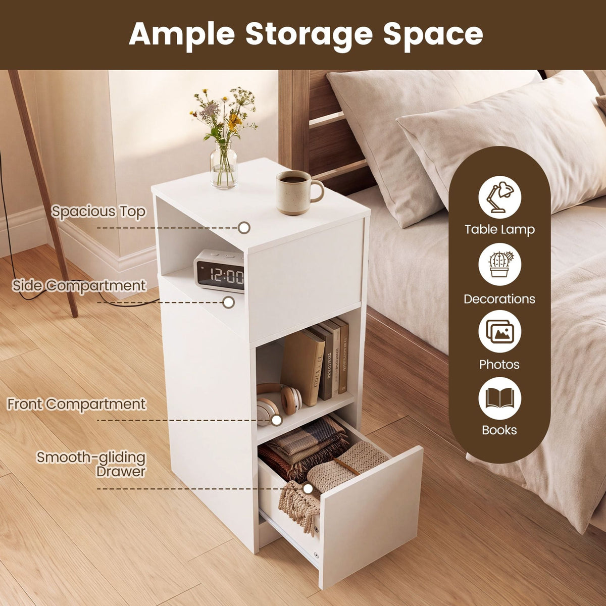 Narrow Nightstand Set of 2 with Drawer and 2 Storage Compartments for Small Spaces Living Room Bedroom-White