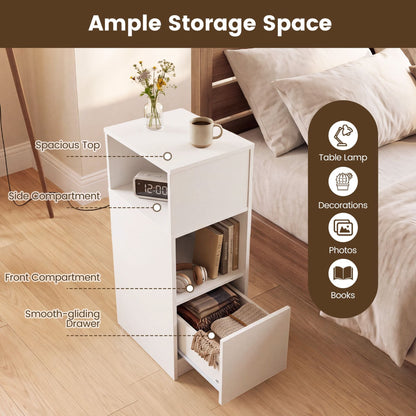 Narrow Nightstand Set of 2 with Drawer and 2 Storage Compartments for Small Spaces Living Room Bedroom-White