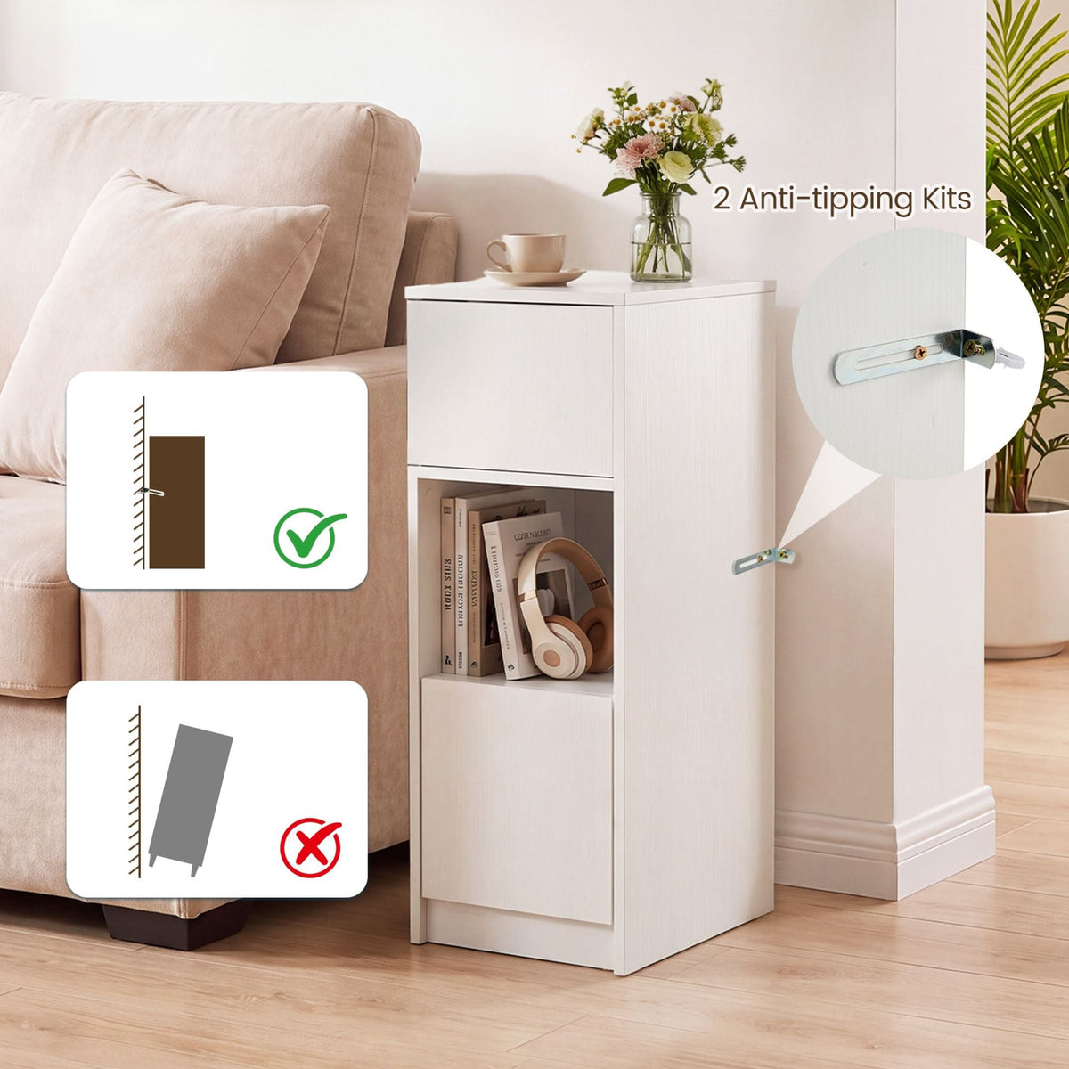 Narrow Nightstand Set of 2 with Drawer and 2 Storage Compartments for Small Spaces Living Room Bedroom-White