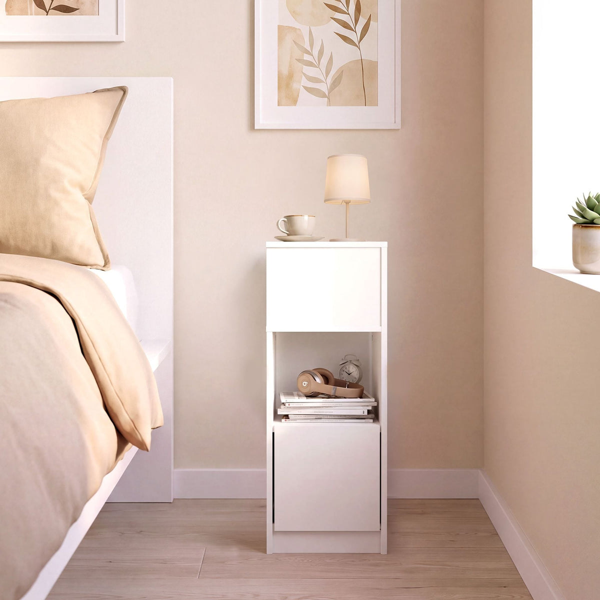 Narrow Nightstand with Drawer and 2 Storage Compartments for Small Spaces-White