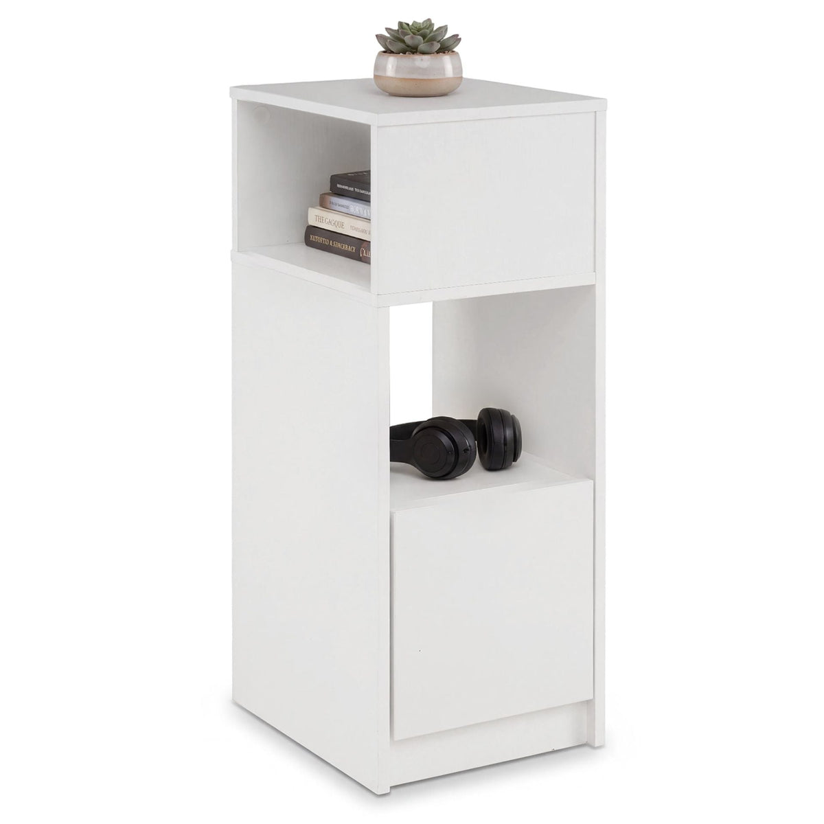 Narrow Nightstand with Drawer and 2 Storage Compartments for Small Spaces-White