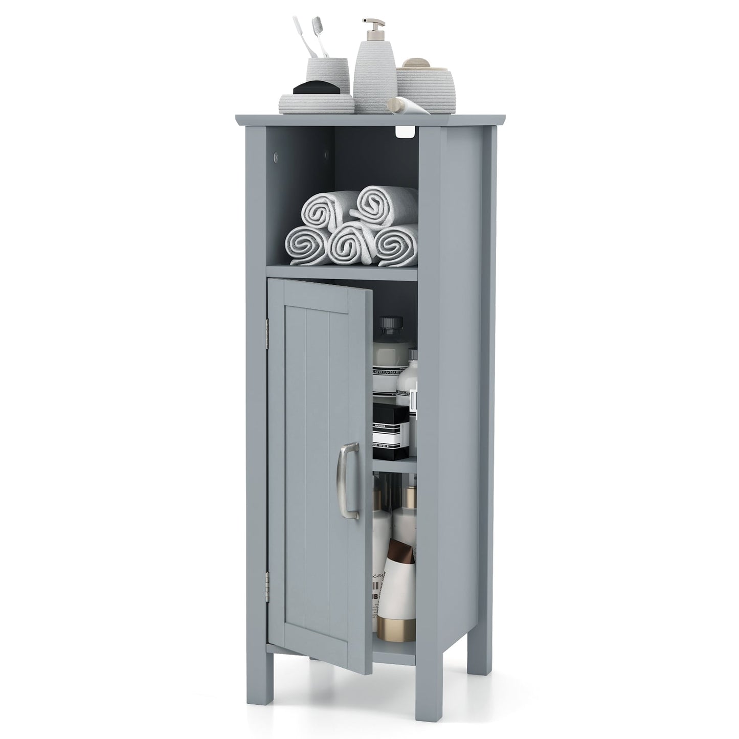 Freestanding Narrow Bathroom Storage Organizer Rack Stand with Door and Adjustable Shelf-Grey