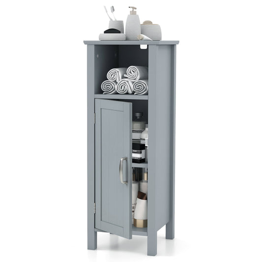 Freestanding Narrow Bathroom Storage Organizer Rack Stand with Door and Adjustable Shelf-Grey