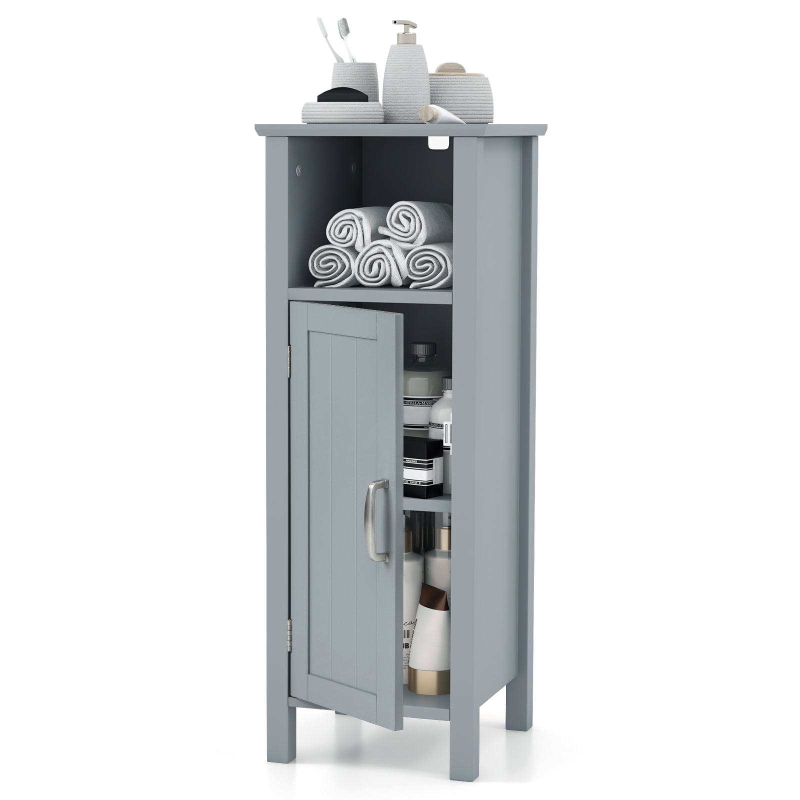 Freestanding Narrow Bathroom Storage Organizer Rack Stand with Door and Adjustable Shelf-Grey