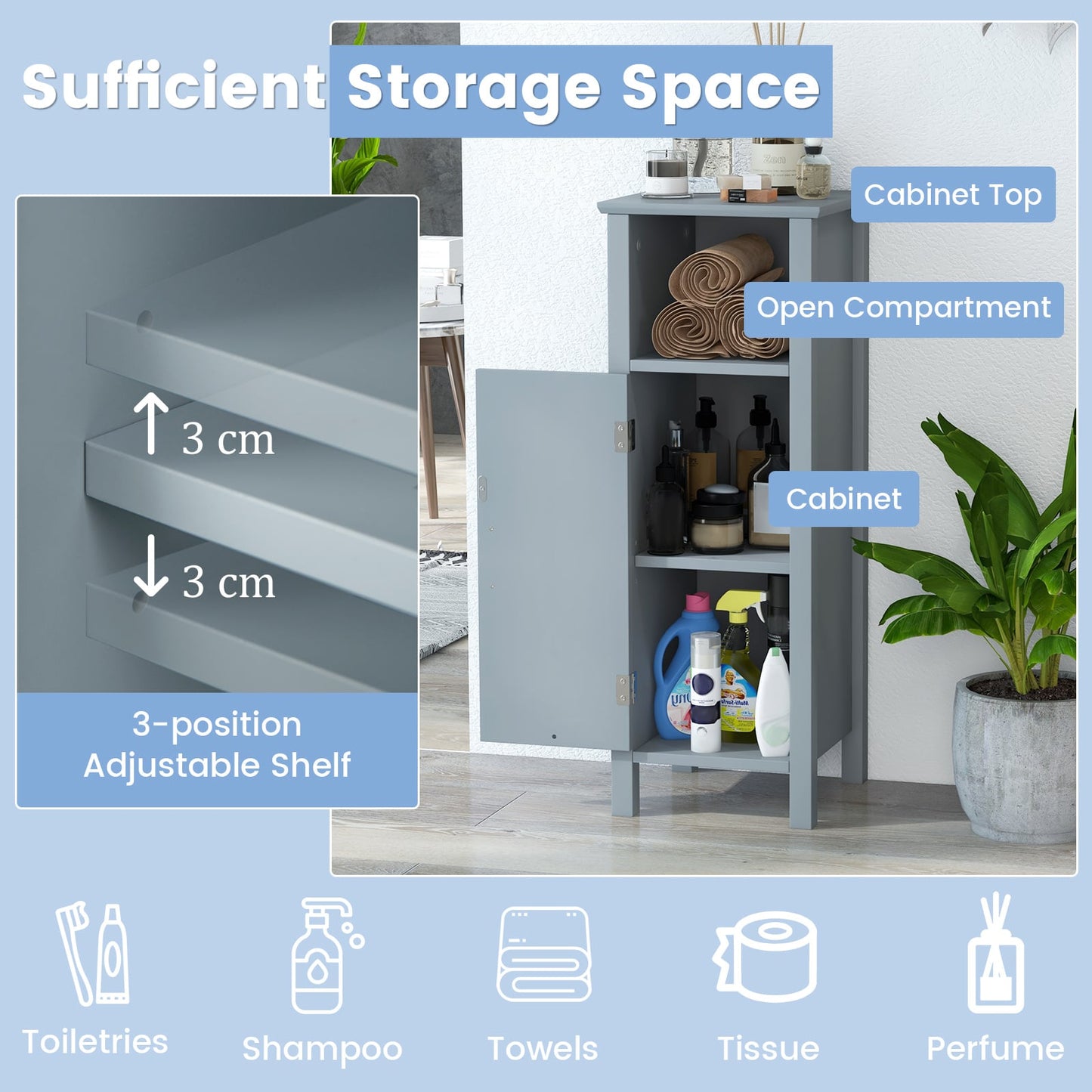 Freestanding Narrow Bathroom Storage Organizer Rack Stand with Door and Adjustable Shelf-Grey