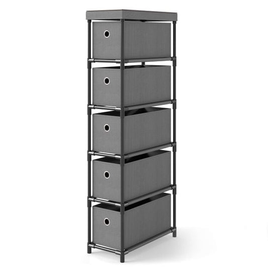 Narrow Dresser with 5 Drawers Slim Storage Tower with Metal Frame-Grey
