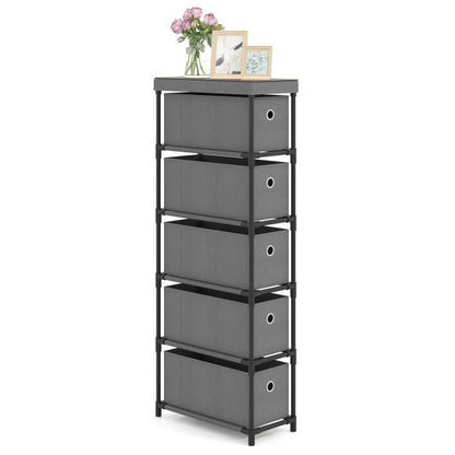 Narrow Dresser with 5 Drawers Slim Storage Tower with Metal Frame-Grey