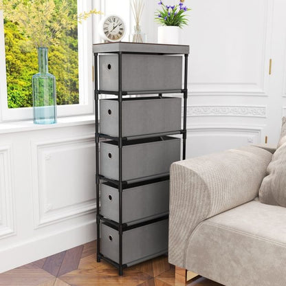 Narrow Dresser with 5 Drawers Slim Storage Tower with Metal Frame-Grey