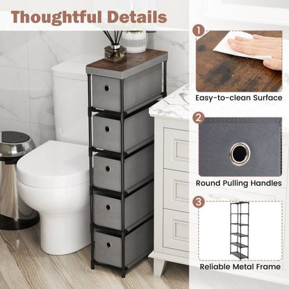 Narrow Dresser with 5 Drawers Slim Storage Tower with Metal Frame-Grey