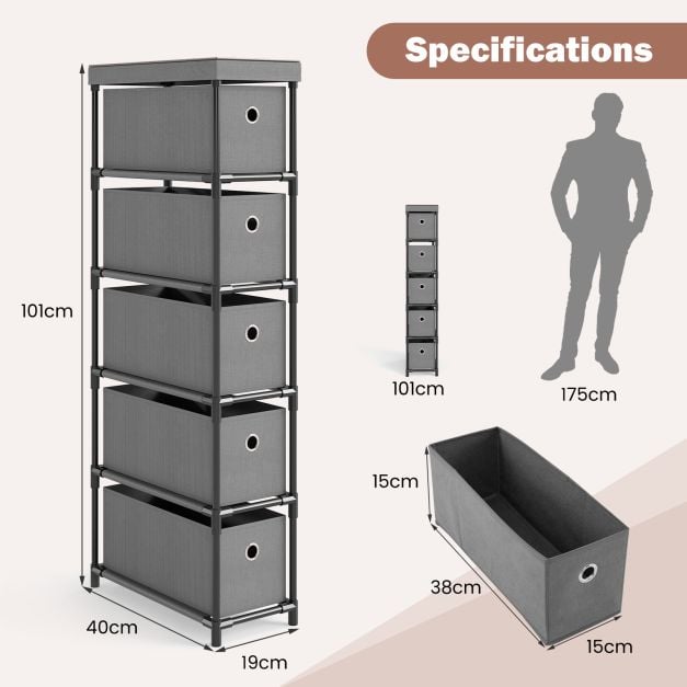 Narrow Dresser with 5 Drawers Slim Storage Tower with Metal Frame-Grey