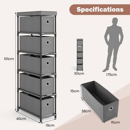 Narrow Dresser with 5 Drawers Slim Storage Tower with Metal Frame-Grey