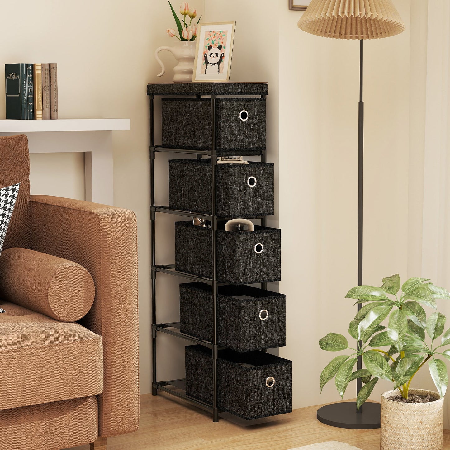Narrow Dresser with 5 Drawers Slim Storage Tower with Metal Frame-Black