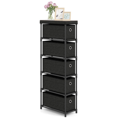 Narrow Dresser with 5 Drawers Slim Storage Tower with Metal Frame-Black