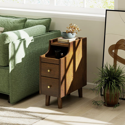 Narrow Nightstand Solid Wood End Table with Pull-out Tray 2 Storage Drawers-Brown