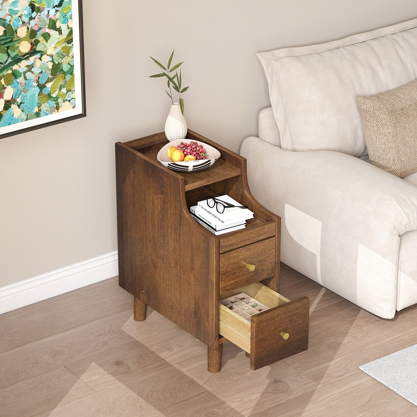 Narrow Nightstand Solid Wood End Table with Pull-out Tray 2 Storage Drawers-Brown