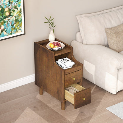 Narrow Nightstand Solid Wood End Table with Pull-out Tray 2 Storage Drawers-Brown