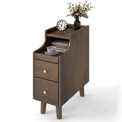 Narrow Nightstand Solid Wood End Table with Pull-out Tray 2 Storage Drawers-Brown