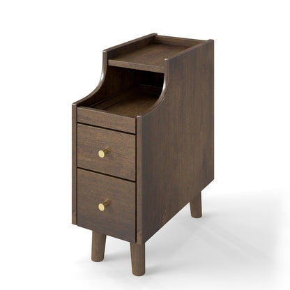 Narrow Nightstand Solid Wood End Table with Pull-out Tray 2 Storage Drawers-Brown