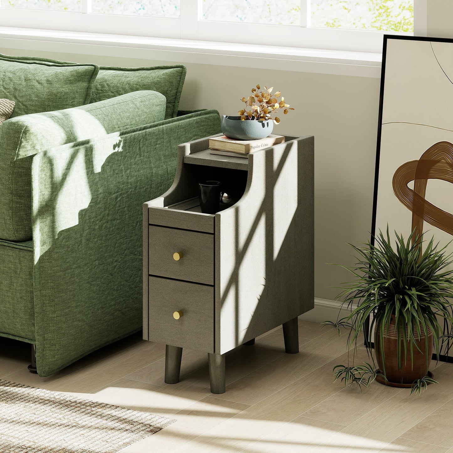 Narrow Nightstand Solid Wood End Table with Pull-out Tray 2 Storage Drawers-Grey