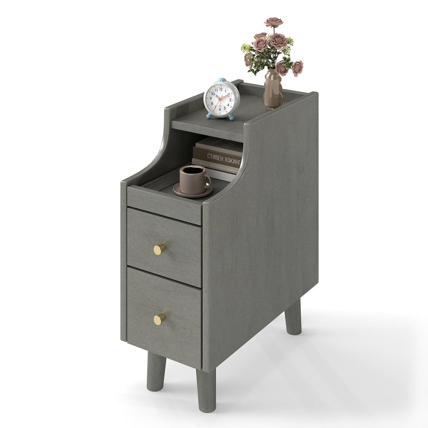 Narrow Nightstand Solid Wood End Table with Pull-out Tray 2 Storage Drawers-Grey