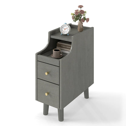 Narrow Nightstand Solid Wood End Table with Pull-out Tray 2 Storage Drawers-Grey