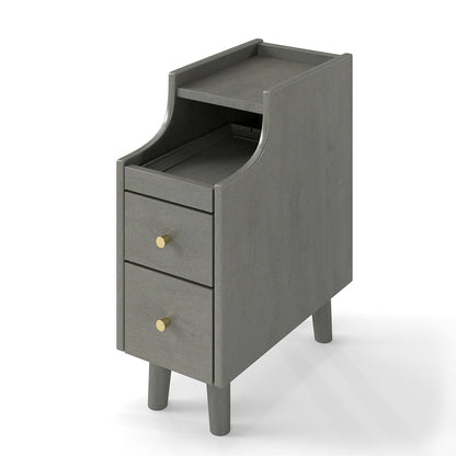 Narrow Nightstand Solid Wood End Table with Pull-out Tray 2 Storage Drawers-Grey