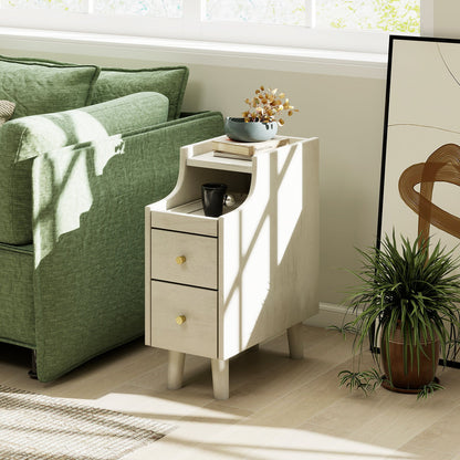 Narrow Nightstand Solid Wood End Table with Pull-out Tray 2 Storage Drawers-Off White